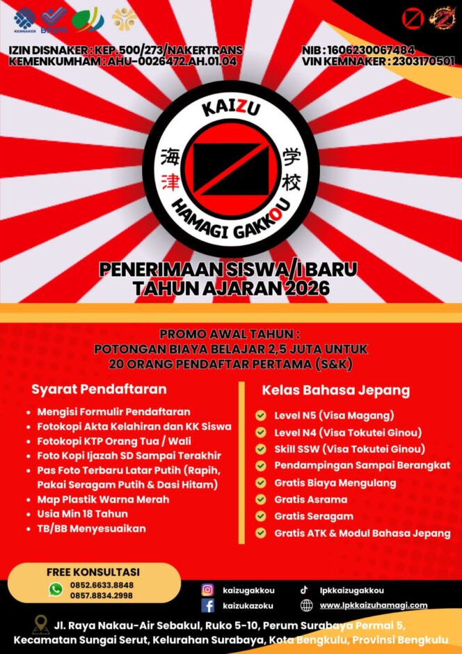 
					LPK Kaizu Hamagi Gakkou Buka Penerimaan Siswa Baru Tahun Ajaran 2026